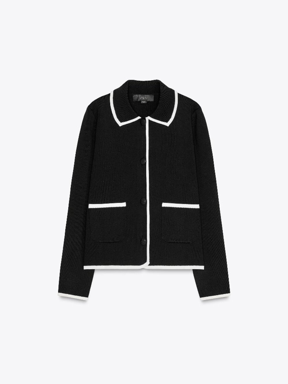 Zara CONTRAST PIPING KNIT CARDIGAN Black Jacket with White Trim Medium NWT
